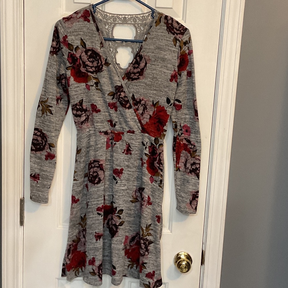 Candie's Gray and Red Floral Long Sleeve Dress